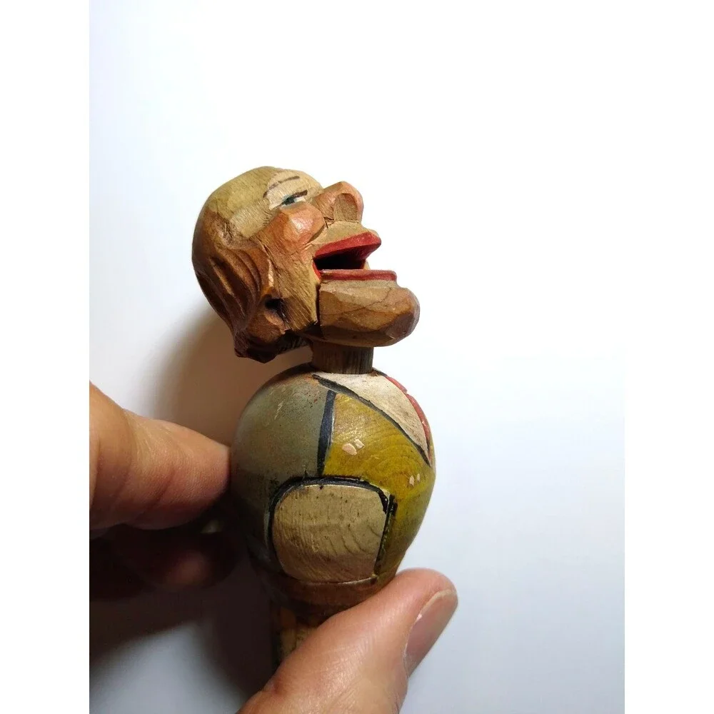 ANRI Big Smile Man Bottle Stopper Hand-Carved Painted Folk Art Mechanical